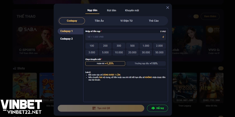 Quy trình nạp tiền chơi game tại Vinbet